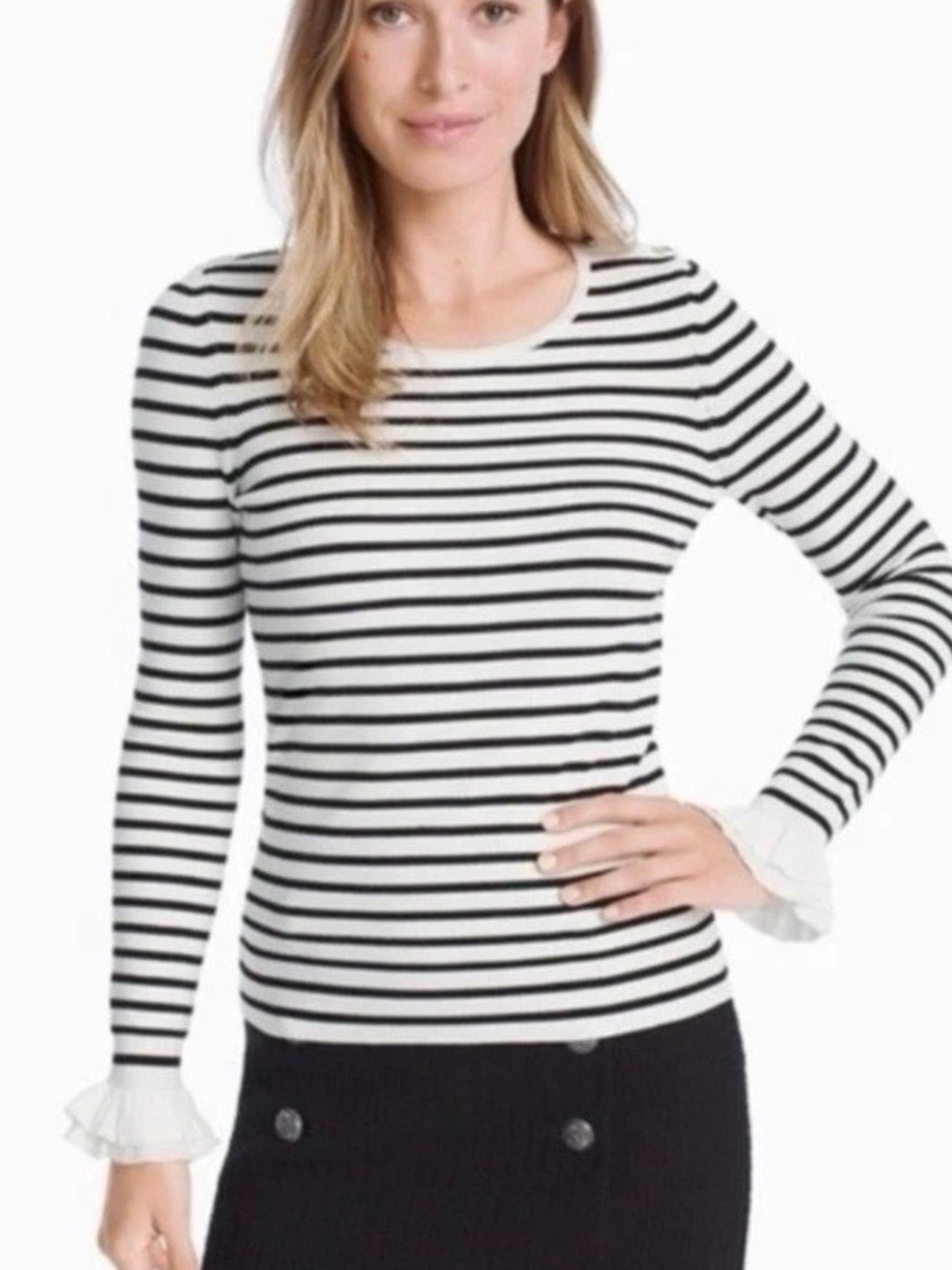 White House Black Market Striped Ruffle Sleeve Sweater Black White M